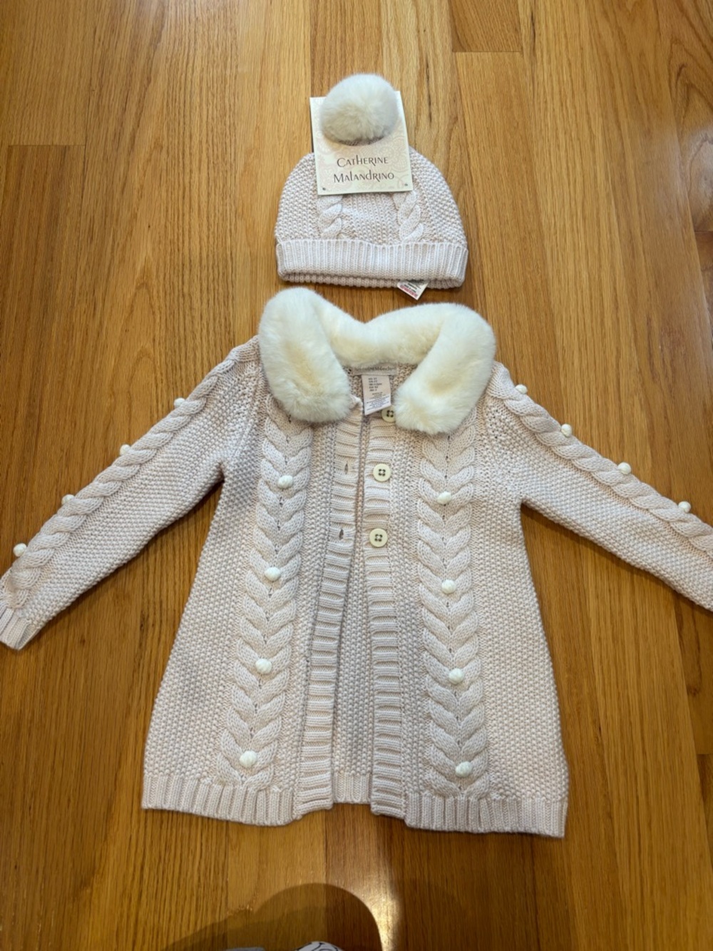 Catherine Malandrino Cream Cable Knit Sweater Coat & Pom Hat Set